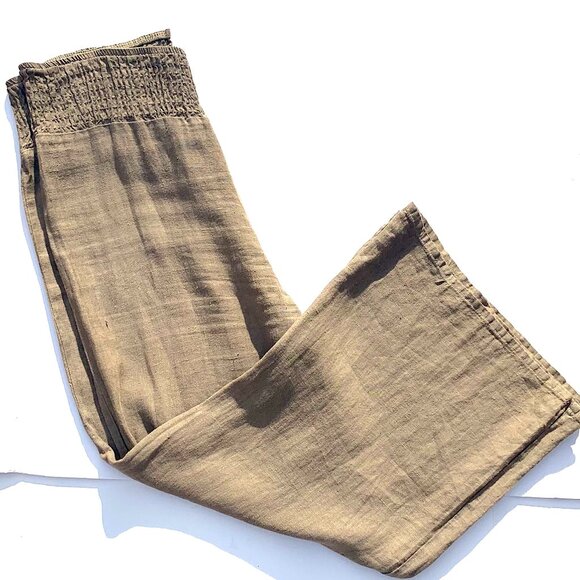 VTG Women’s Elastic Smocked Waist 100% Linen Wide Leg Pants, Taupe, Large - Picture 5 of 9